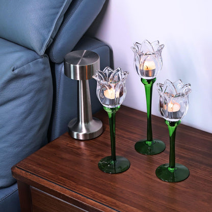 VOHO Tulips Glass Clear Candle Holder Decor for Home Living Room, 3pcs Varying Heights Tealight Candle Holder Wedding Centerpieces for Tables, White Flower Tall Votive Candle Holders Gifts for Friends
