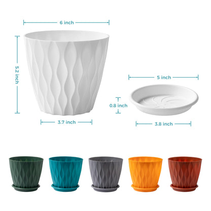 FaithLand 6-Pack 6-Inch Plastic Plant Pots with Saucers | Thickened PP Material, Modern Wave Texture, Enhanced Drainage for Indoor/Outdoor Garden Plants | Tricolor Value Set