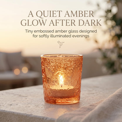 6 Pack Hummingbird Embossed Glass Candle Holders Votive Tealight Holders with Patent Design, Decorative Glass Cups for Wedding Centerpieces, Parties, and Home Decor (Pumpkin Spice)