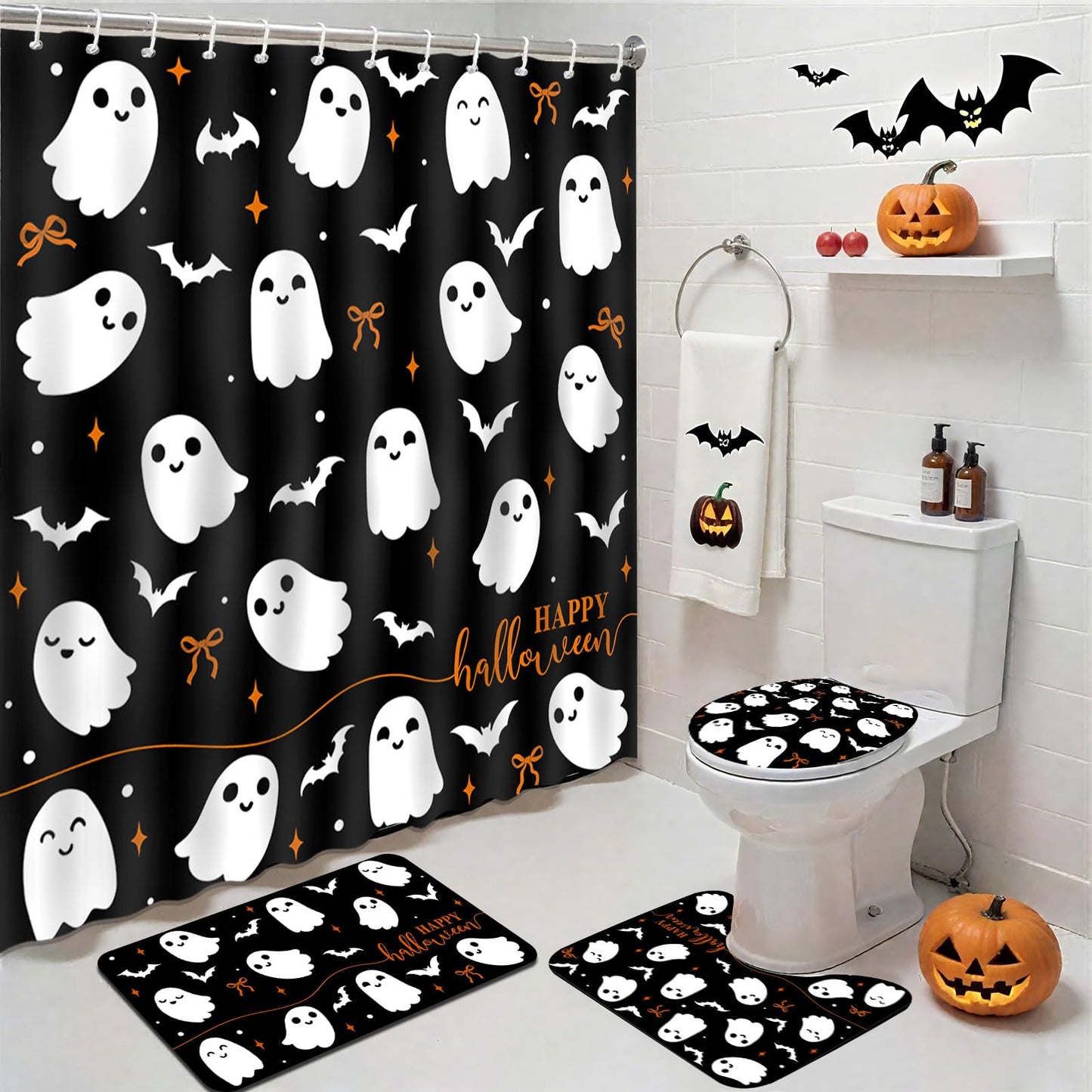 Mocsicka 4Pcs Halloween Shower Curtain Set Black Spooky Bow Ghost Shower Curtain Set for Halloween Bathroom Decor with Anti-Slip Waterproof Bathtub Bathroom Rugs Toilet Lid Cover