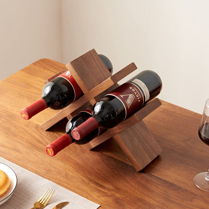 TREOAKWIS Wine Rack Countertop Oak Solid Wood Wine Organizer Rack 4 Bottles Holder for Wine, Drinks, Beer, Suit for Home, Bar, Kitchen,Cellar Basement (Walnut)