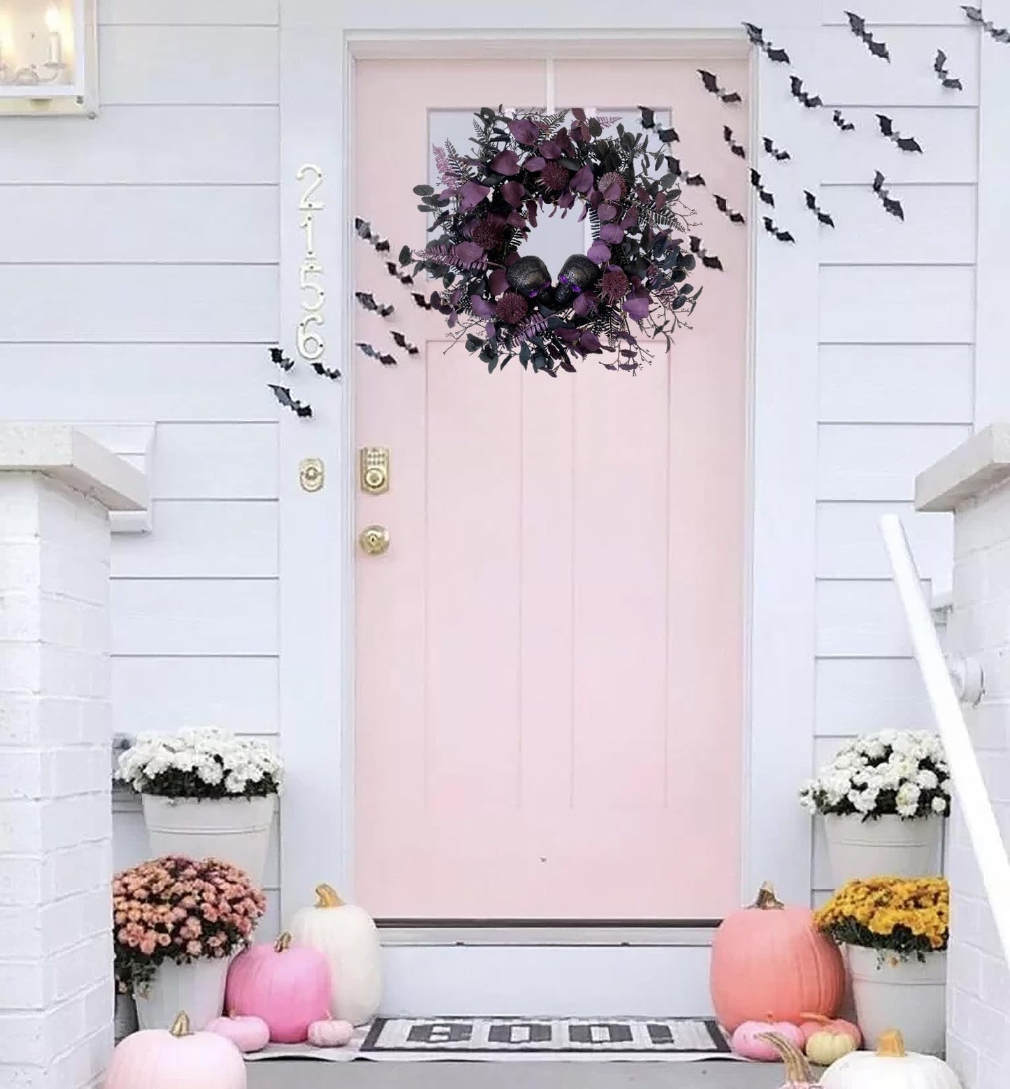 BINFEN 20" Halloween Wreaths for Front Door, Black Glitter Skulls Purple Eucalyptus Leaves Halloween Horror Decor, Gothic Party Room Decoration
