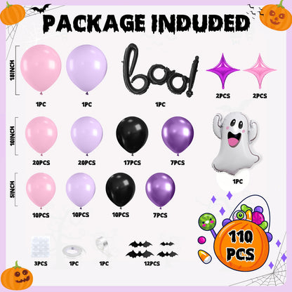 Halloween Balloon Arch Garland, Pink Purple Balloons with Star Cute Ghost Boo Foil Balloon, Metallic Purple Pink Black Latex Balloons Bat Stickers for Kids Girls Birthday Halloween Party Decorations
