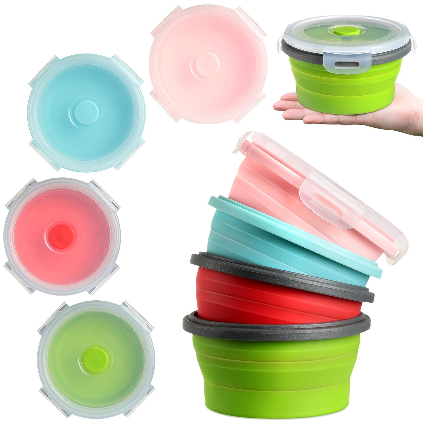 Suclain 4 Pcs Camping Bowl with Lid Collapsible Silicone Lunch Box Salad Bowl Expandable Food Storage Container Folding Travel Container for Hiking Camping(Red, Pink, Blue, Green,12 oz)