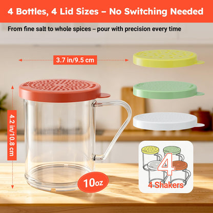 GATBO 4-Pack Plastic Dredge Shaker Set, 10 oz Clear Flour & Sugar Dispensers with Handles, Commercial Seasoning Shakers for Powder, Spices & Herbs, 4 Bodies & 4 Lids with Different Hole Sizes