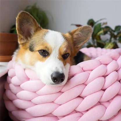 Woven Dog Bed Basket, Knitted Cotton Cat Bed Round Washable Woven Cat Pet Bed Chunky Dog Basket, Orthopedic, Chunky Knit Dog Nest,Dog Bed,Dog Cave,Dog Bedding(Pink,21")