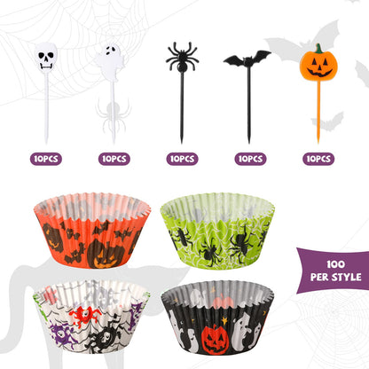 Cunhill 150 Pieces Halloween Picks Set 50 Plastic Cupcake Topper Pumpkin Bat Ghost Toothpicks with 100 Paper Cupcake Liners Muffin Wrappers Baking Cups for Birthday Halloween Party Supplies