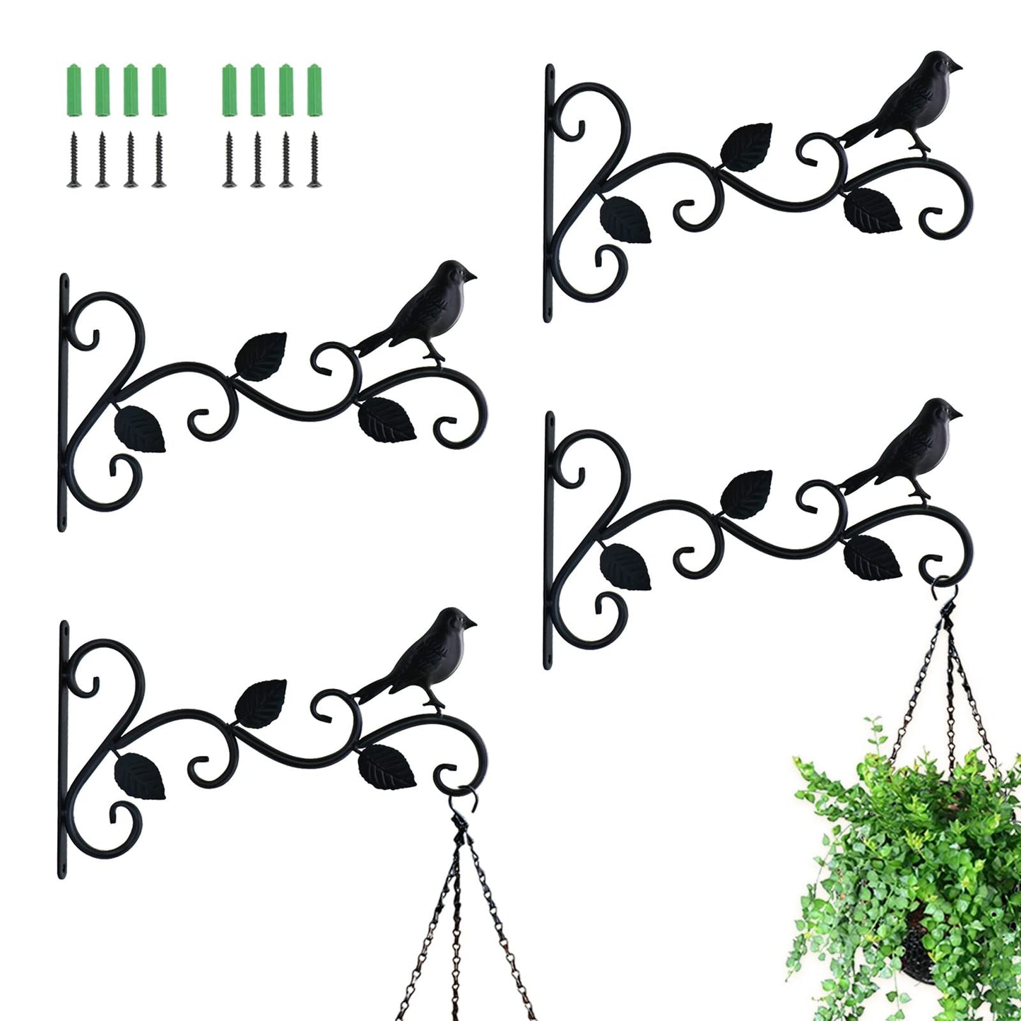 JIALAI HOME Hanging Plants Bracket 12" Bird Planter Outdoor Hooks Hangers for Flower Baskets Pot Bird Feeder Wind Chimes Lanterns Patio Garden Outdoor Indoor Metal Black, 4 Packs