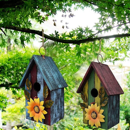 2 Pack Wood Bird House for Outside, Hanging Decorative Bird House Outdoor Garden Patio Yard Rustic Hand-Painted Bluebird Birdhouse Nesting Box for Finch Wren Sparrow Chickadee
