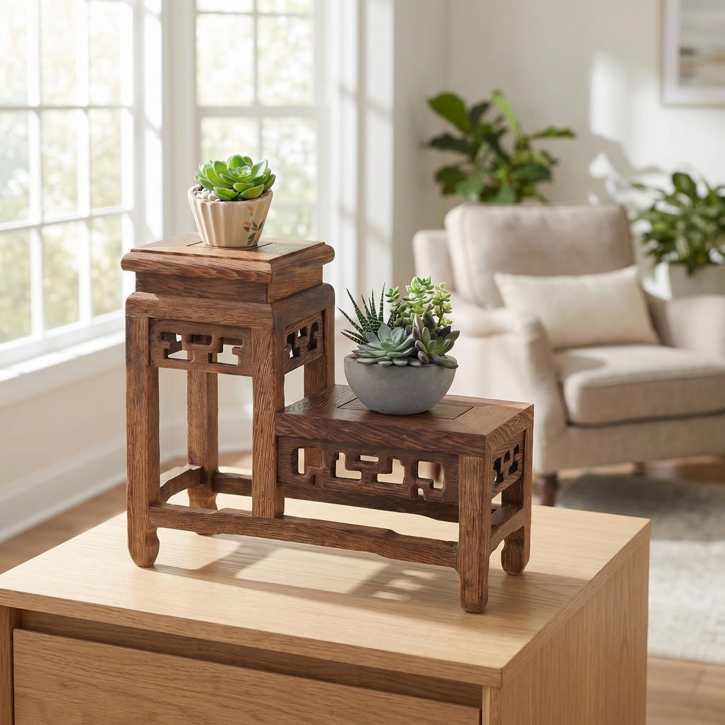 Small Wooden Plant Stand, 2 Tier Mini Wooden Display Stand, Small Potted Plant Display Shelf, Desktop Bonsai Base, Tabletop Succulent Holder for Figurine, Bonsai, Succulent, Indoor Mini Flower Pot