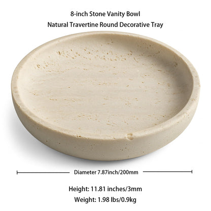 Natural Travertine Round Decorative Tray - 8-inch Beige Stone Vanity Bowl, Anti-Slip Organizer Plate for Bathroom, Kitchen, Home Décor, Candles, Jewelry Display, 3/4-inch Height