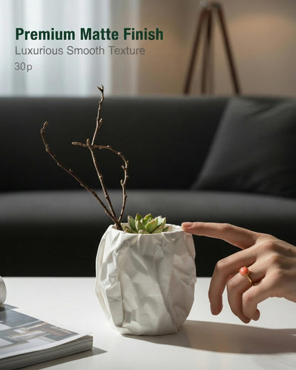CODIAO Small White Pot Cover (No Drainage) - Unique 3D Printed Crumbled Paper Planter - Modern Artistic Cachepot for 3" Succulents - Cute Desk Decor & Creative Gift (Matte White)