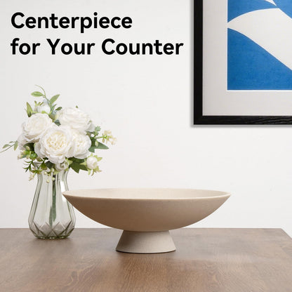 Modern Decorative Fruit Bowl, Beige Resin Artificial Stone Pedestal Bowl, Handicraft Table Centerpiece for Entryway, Coffee Table, Kitchen & Home Decor