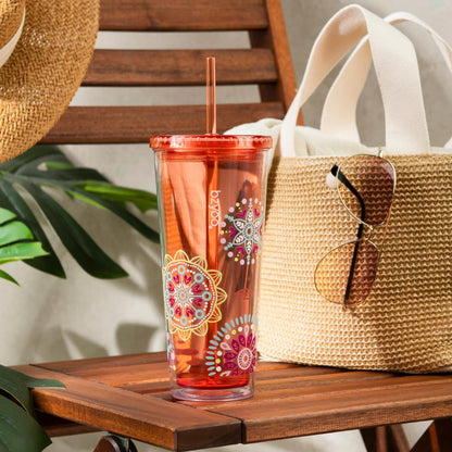 bzyoo SIP 24oz (710ml) Double Wall Plastic Tumbler with Lid and Straw Cold Drink Travel Mug Reusable Party Cup Perfect for Ice Coffee, Tea Office Poolside Parties Gifts Color: Medallion Orange