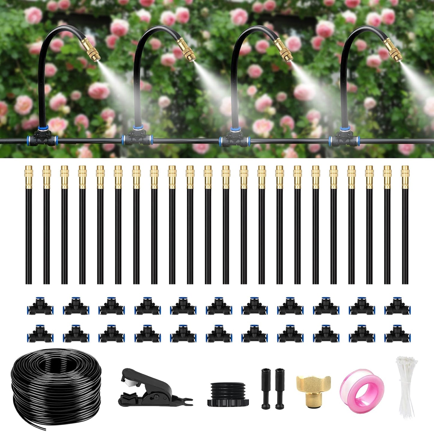 HEKIWAY 80FT Drip Irrigation System for Garden – Automatic Watering Kit with Solid Brass Metal Connectors, 360° Bendable Tubing &22 Adjustable Nozzles for Greenhouse, Lawn, Yard & Plants