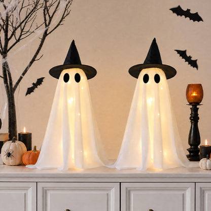 Halloween Decorations-Set of 2 Light-Up Ghosts with Witch Hats, Ghost Table Centerpiece-Spooky Tabletop Decor for Mantel Dining Table Party Indoor Home