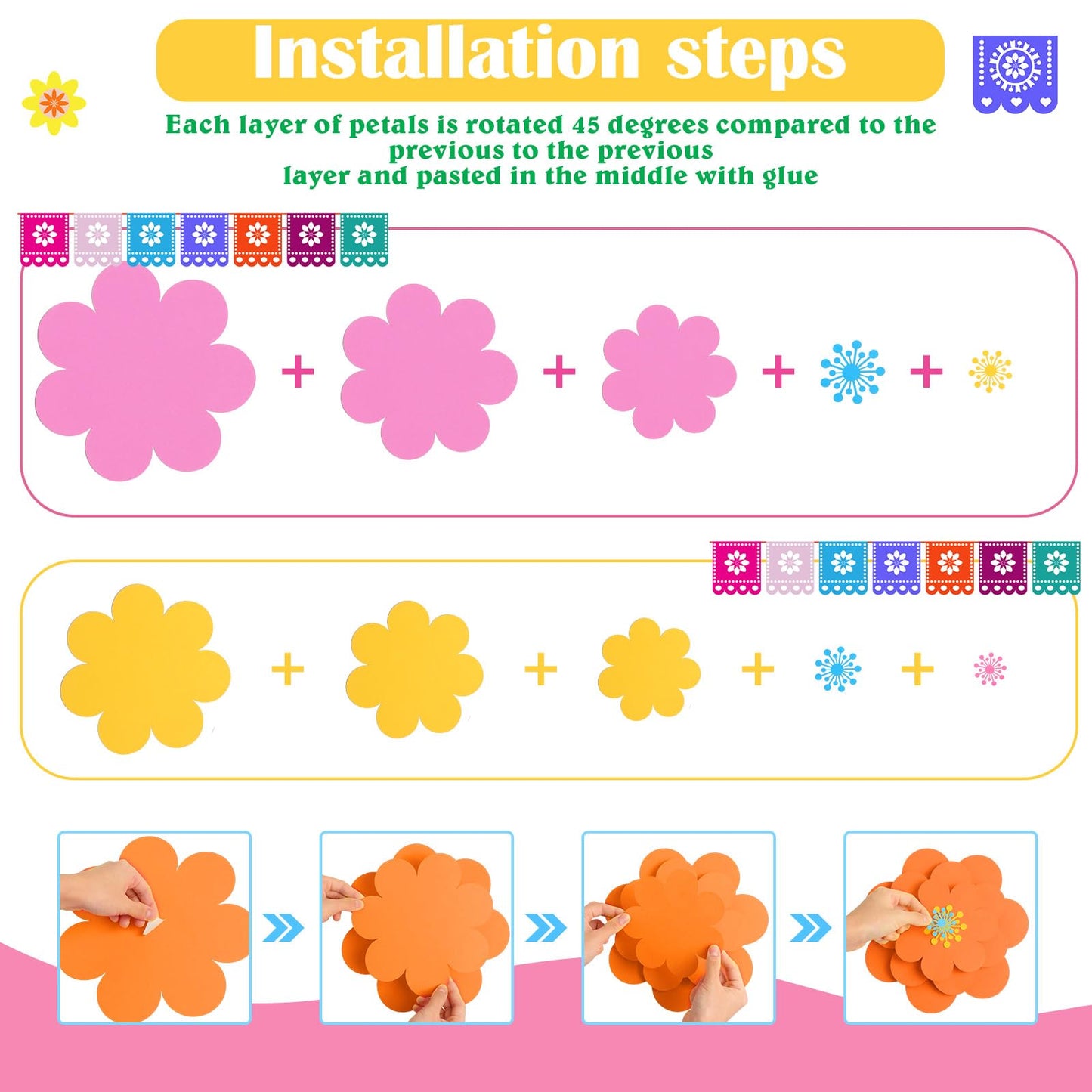 Mooliwe Paper Flowers Decorations for Wall DIY 3D Paper Bulletin Board Mexican Flowers Backdrop Decoration for Classroom Back to School Holiday Party(Bright,10 Set)