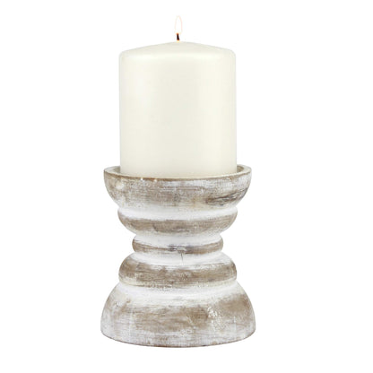 Stonebriar Antique White Wooden Pillar Candle Holder, Vintage Seaside Pillar Stand for Dining Table Centerpiece, Coffee Table, Mantel, Or Any Table Top, Small