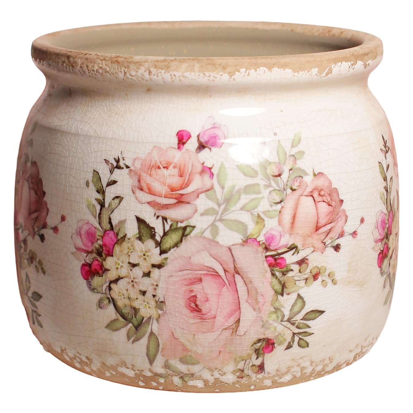 Xiaan Jiaju Ceramic Planter for Indoor Plants, 6.29 Inch Rose Pattern Crackle Glaze Flower Pot with Drainage Hole, Orchid Succulent Pots, European Farmhouse Bedroom Balcony Decor Gift, Pink