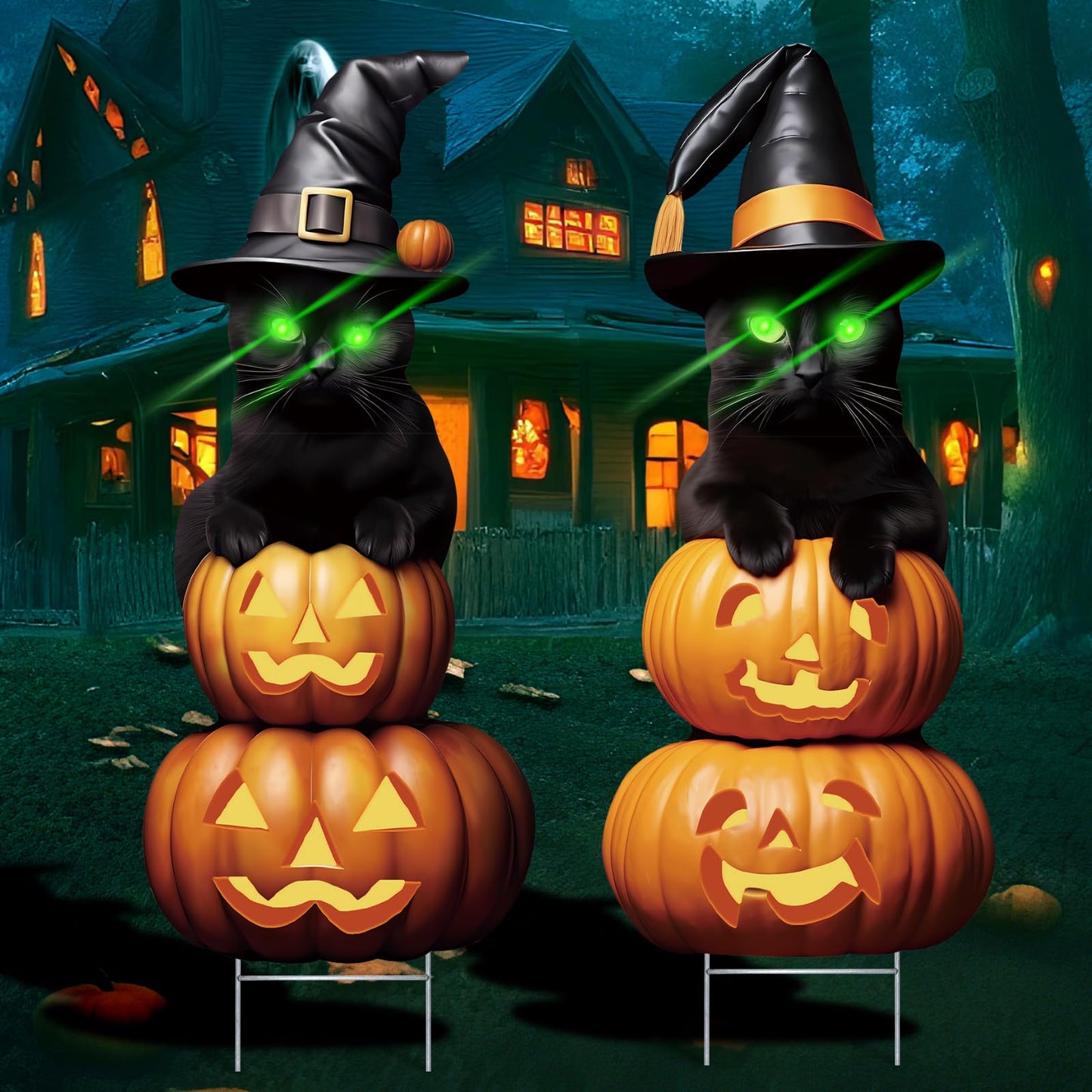 2Pcs 4.0FT Black Cat Halloween Decorations - Plastic Yard Signs With Stakes, Spooky Pumpkin Outdoor Decor, Scary Silhouette With Glow in Dark Eyes for Yard, Lawn, Garden