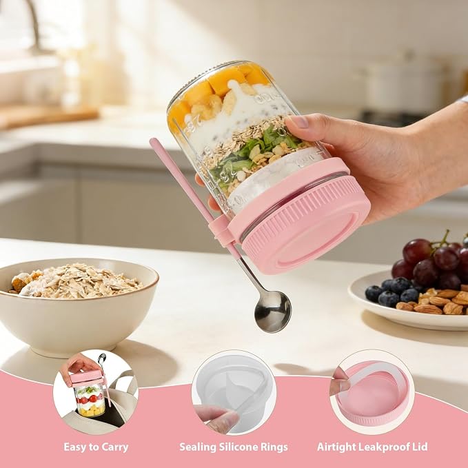 4 Pack Overnight Oats Containers with Lids and Spoons - 16 oz Glass Mason Jars with Dressing Cup, Over night Oat Jars for Meal Prep, Yogurt Parfait Cup for Chia Seed Salad (Pink)