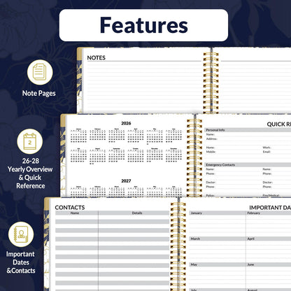 SUNEE 2026 Weekly and Monthly Planner - from January 2026 - December 2026, Daily Agenda Planner with Monthly Tab, Flexible Cover, Note Pages, Pockets, Bookmark, Spiral Binding, Vintage Floral, 8.5"x11"