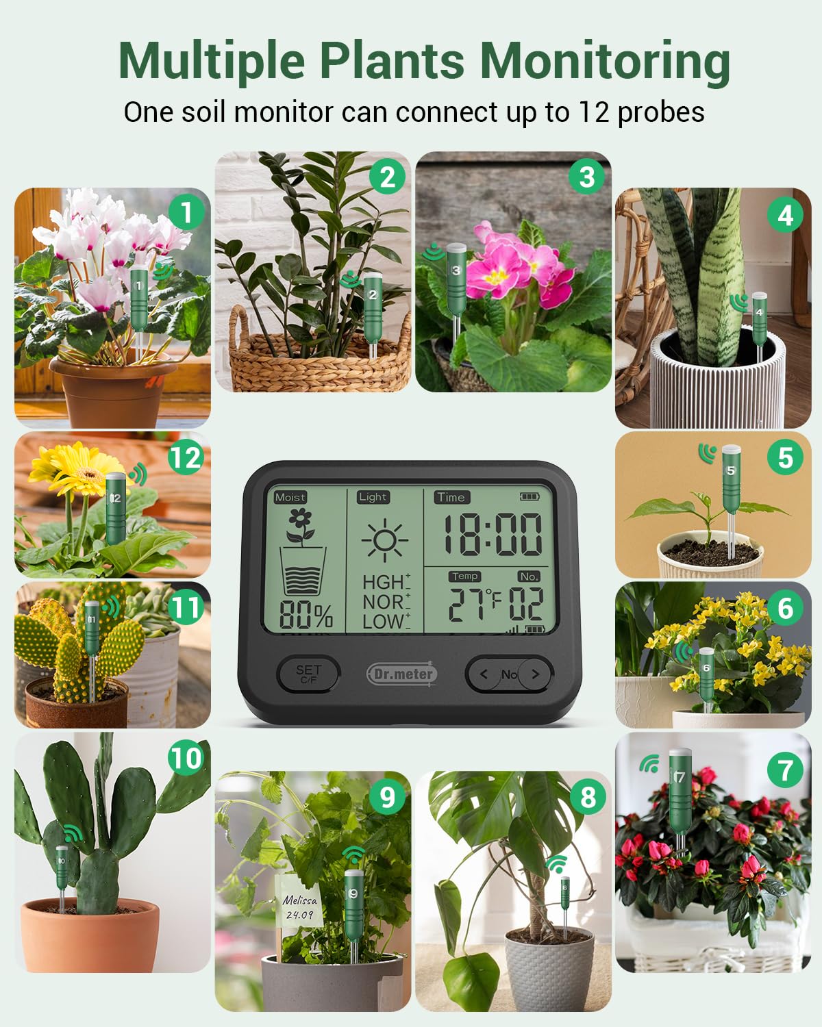 Dr.meter 4-in-1 Soil Moisture Meter, 300ft Wireless Soil Tester Sensor, Temperature/Light/Time/Soil Hygrometer Monitor with Digital LCD Display for Indoor Outdoor Plants, Garden, Lawn, Gardening Gifts