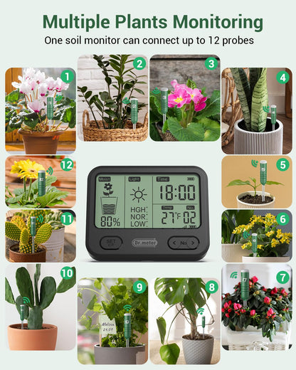Dr.meter 4-in-1 Soil Moisture Meter, 300ft Wireless Soil Tester Sensor, Temperature/Light/Time/Soil Hygrometer Monitor with Digital LCD Display for Indoor Outdoor Plants, Garden, Lawn, Gardening Gifts