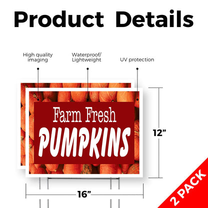 Farm Fresh Pumpkins Yard Sign 2 Pack of 12 Inch x 16 Inch Double Sided Weatherproof Heavy-Duty Plastic with Stake | Seasonal Favorites, Local Farms, Freshly Picked | Made in USA