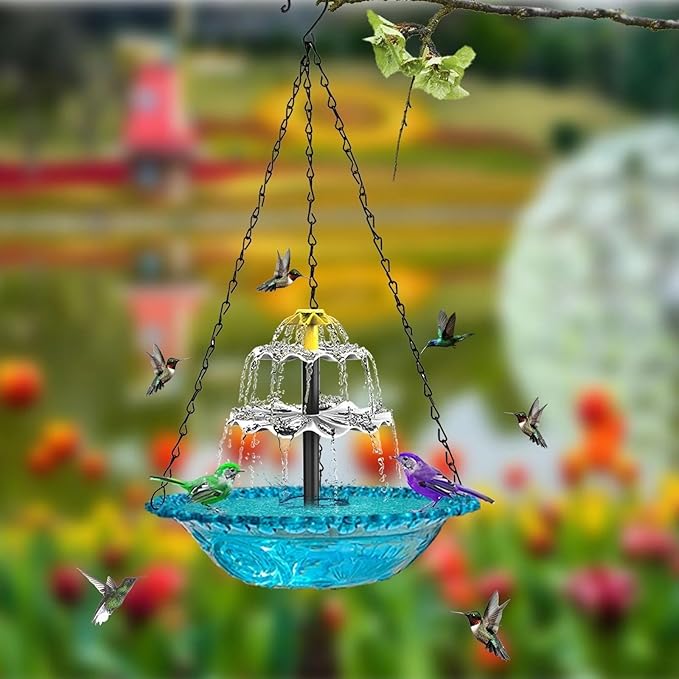 Solar Cascade Hanging Bird Bath Fountain,Solar Powered Cascade Hanging Bird Bath Fountain with Solars Pump,for Outdoor and Gardens (Pink)