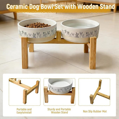 Elevated Ceramic Cat Bowls with Wooden Stand，6.1inch Raised Cat Bowls with Cute Pattern for Small and Medium Breed Dogs,2 Pack Cats Food and Water Bowl Set,Weighted Pet Dishes Dishwasher Safe