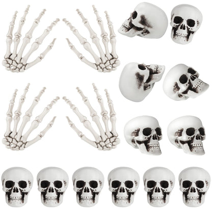 Ferraycle 16 Pieces Halloween Decoration Set Includes 10 Mini Skull Heads and 4 Skeleton Hands Realistic Looking Skulls Plastic Fake Craft Human Hands for Halloween Party Decor Props