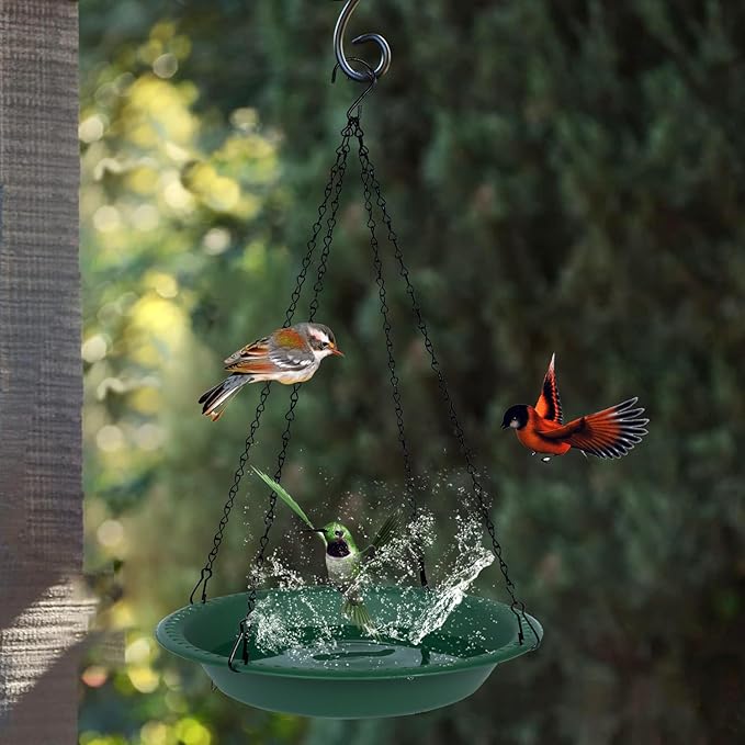 OVZILKI Bird Bath for Outside Heavy Duty, 14 inch BirdBath Bowl Only with Rust-Proof Black Chains for Outdoor, Hanging Bird Bath Hanging Bird-Feeder for Garden Backyard Decor (Green 1 Pack)