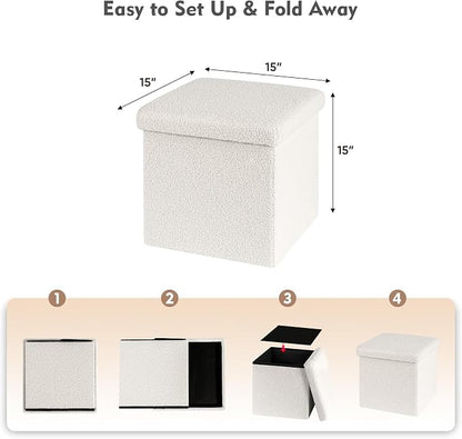 B FSOBEIIALEO Small Storage Ottoman Cube Sherpa Ottomans Foot Rest, Foldable Boucle Ottoman, Faux Teddy Fur, Cream White 15"x15"x15"