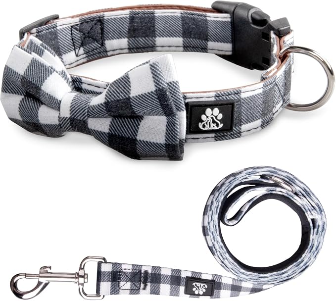 IVY&LANE Dog Collar with Bowtie and Leash Set | Plaid Adjustable Dog Collar | Detachable Bow Tie |5 FT Dog Leash | for Small Medium Large Dogs | Checkered Black | Small