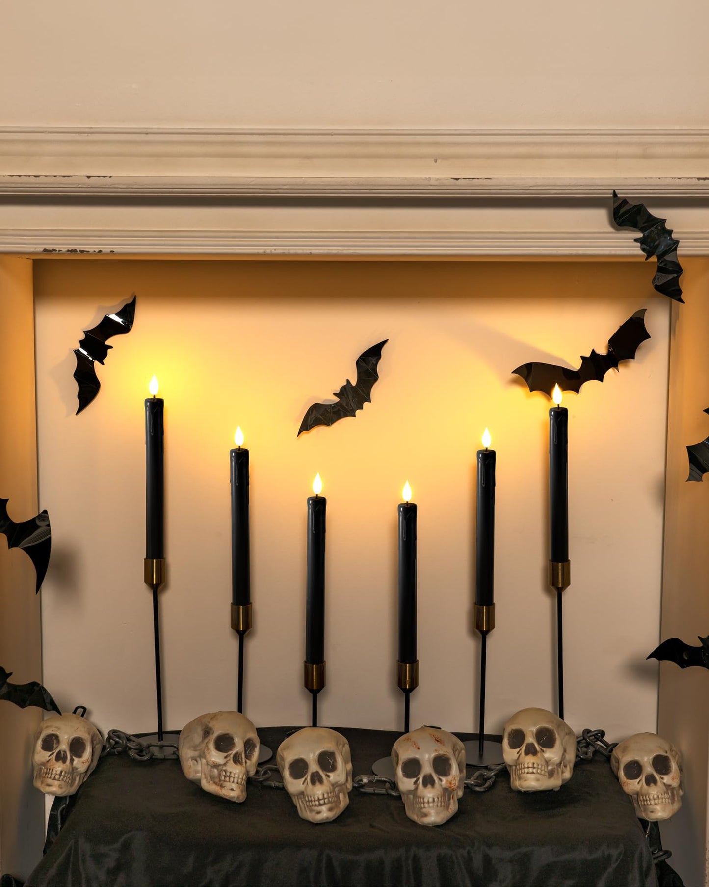 Homemory Black Flameless Taper Candles Flickering, NO Remote, 9.6 Inches Battery Operated, 6 Pcs Realistic Electric LED Candlesticks Made of Plastic for Halloween Party Home Decor