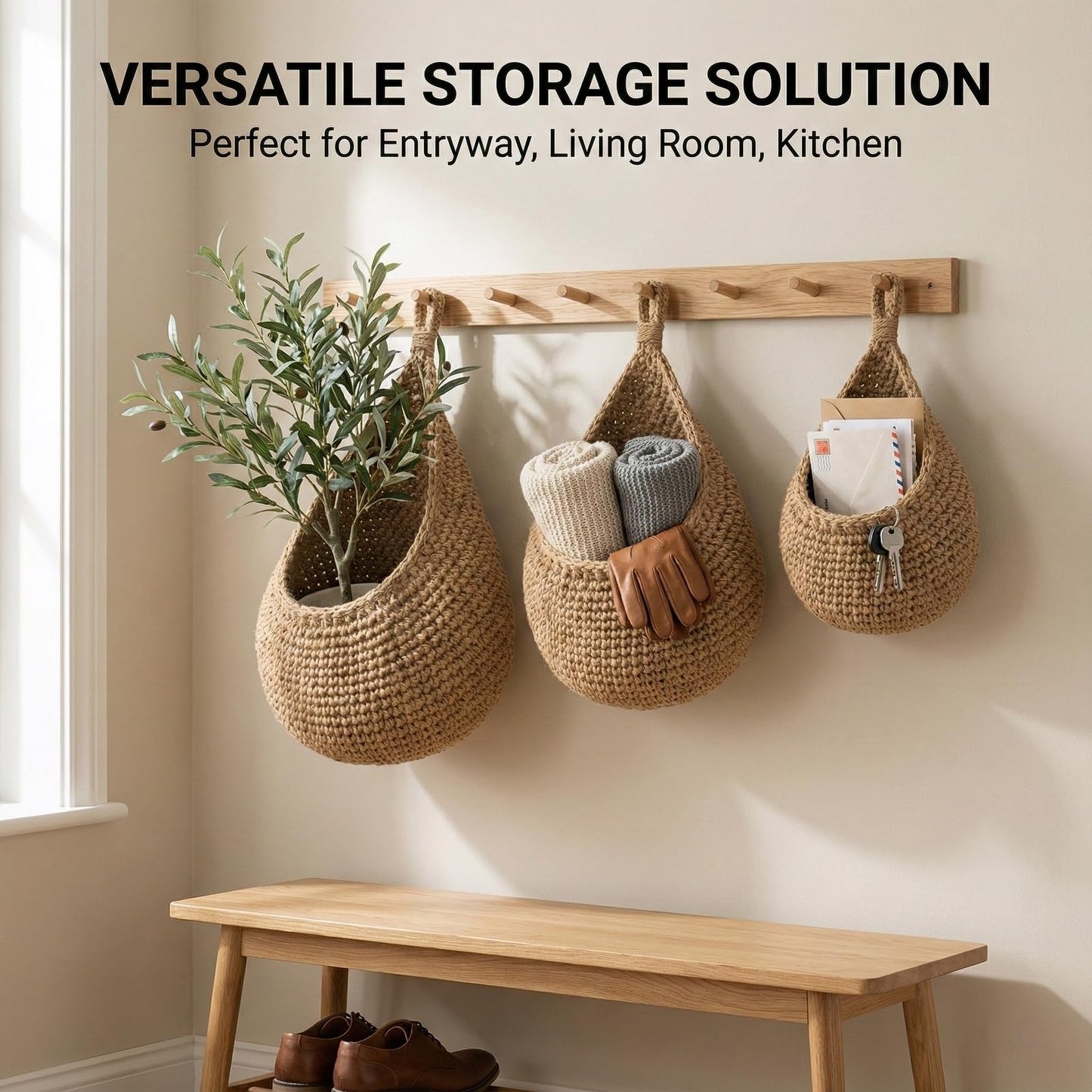 3 Pack Hanging Fruit Basket - Boho Kitchen Wall Decor for Vegetable Onion Potato Storage, Woven Teardrop Organizer - Cotton Rope
