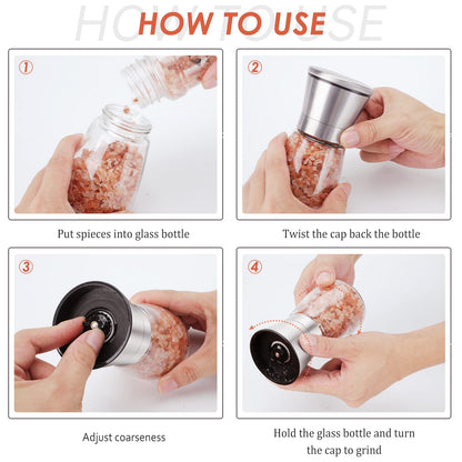Ebaco Salt and Pepper Grinder Set - Refillable Grinder Adjustable Coarseness of Pepper Salt Spice Stainless Steel Mills Glass 6oz（2 Pack）