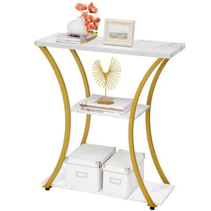 Hoctieon 3 Tier Console Table with Open Wood Shelves, Decorative Entryway Table with Curved Metal Frames, Narrow Sofa Table for Entrance, Living Room, Hallway, Gold and White Marbled