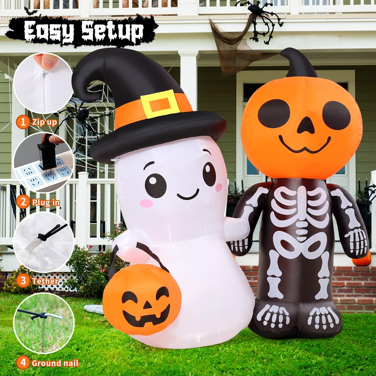 GOOSH 5.4FT Halloween Inflatables Outdoor Decoration Blow Up Yard Cute Ghost and Skull Pumpkin with Built-in LEDs for Indoor Party Garden Lawn Holiday Decor