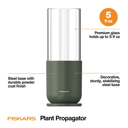 Fiskars Plant Propagator, Single Glass Vase with Metal Stand for Rooting Cuttings, Hydroponic System for Indoor Gardening Decor, Straight Sided Flute for Safe Root Removal, 5 oz, Clear