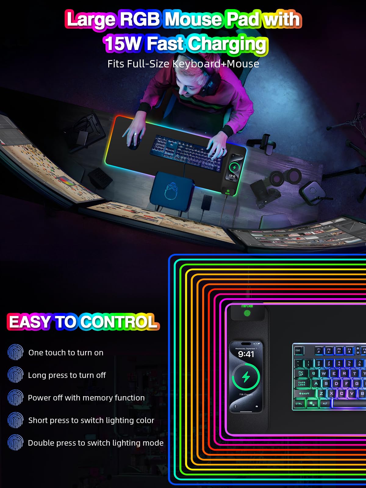 Mouse Pad with Wireless Charging, Large Desk Mat RGB Gaming Mousepad, 10 Light Colors LED Gaming Pad Keyboard Pad with Ultra-Smooth Surface & Non-Slip Rubber Base, Waterproof Full Desk Mouse Pad