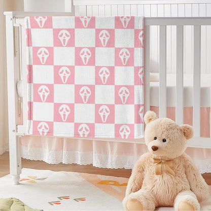 Halloween Spooky Face Throw Blanket, Pink and White Checkered Pattern, Halloween Ghost Blankets Fuzzy Gifts for Sofa Couch Bedroom (80" x 60")