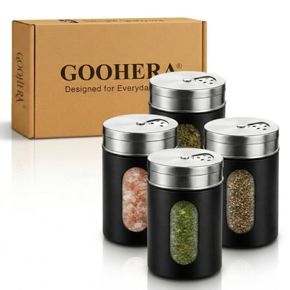 GOOHERA 4-Piece Salt and Pepper Shakers Set, 100mL (3.38oz) Each – Premium Stainless Steel Spice Dispensers with Adjustable Pour Holes – Black