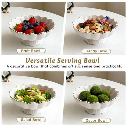 White Small Decorative Bowl 8 Inch Ceramic Key & Fruit Bowl Ruffle Lotus Shape with Gold Rim Candy Bowl, Multi-Use Centerpiece Pedestal Bowls for Kitchen Counter, Coffee Table, Entryway, Wedding