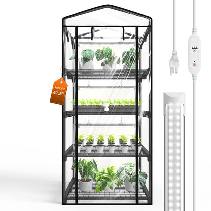 Bstrip Indoor Greenhouse with Grow Light, Mini Green House with 4 Pack 20W Full Spectrum Plant Lights with Timer, Plant Shelf with Tent for Indoor Plant, Seed Starting, Seed Tray, 27.2"x19.9"x61.8"