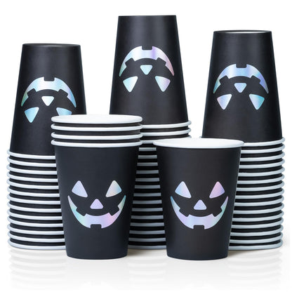 Confettiville Halloween Disposable Paper Party Cups, Bulk 50 Pack, Leak-Resistant, 12 oz Hot and Cold Cups for Restaurants and Parties, Jack-O-Lantern, Black & Silver