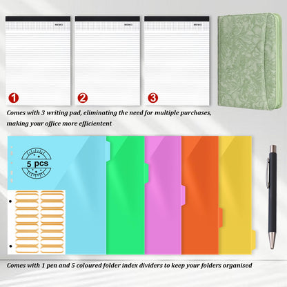 Leathario Portfolio Binder, Includes 10 Sheet Protectors and 3 Notepads, 3-Ring Folder Organizer, A4 Padfolio with Zipper, Vegan Leather Tablet Sleeve, Business Office Conference Clipboards