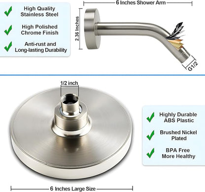 High Pressure Rainfall Shower Head, 6 Inches Showerhead with Perfect Adjustable Replacement, Removable Restrictor, Easy Installation for Your Bathroom Shower Heads(Brushed Nickel + Shower Arm)