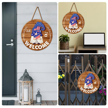 Interchangeable Gnome Welcome Sign Summer Patriotic 4th of July Porch Decor, Changeable Wooden Gnomes Front Door Decoration Wreath Hanger for Spring Fall Winter All Seasons Holiday, Red Brown